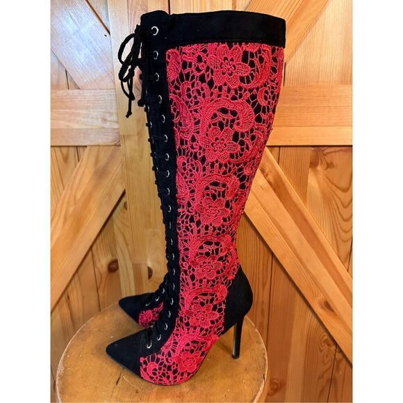 Madison by Shoe Dazzle Anika Red Lace Pointed Toe Lace-Up Heeled Boots Size 6.5 - Picture 1 of 11